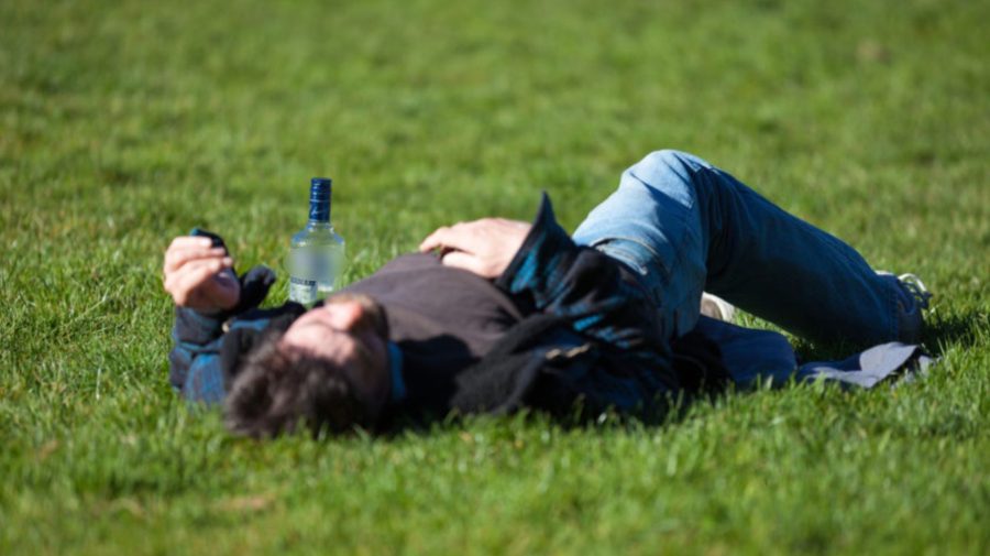 muž na tráve s fľašou alkoholu