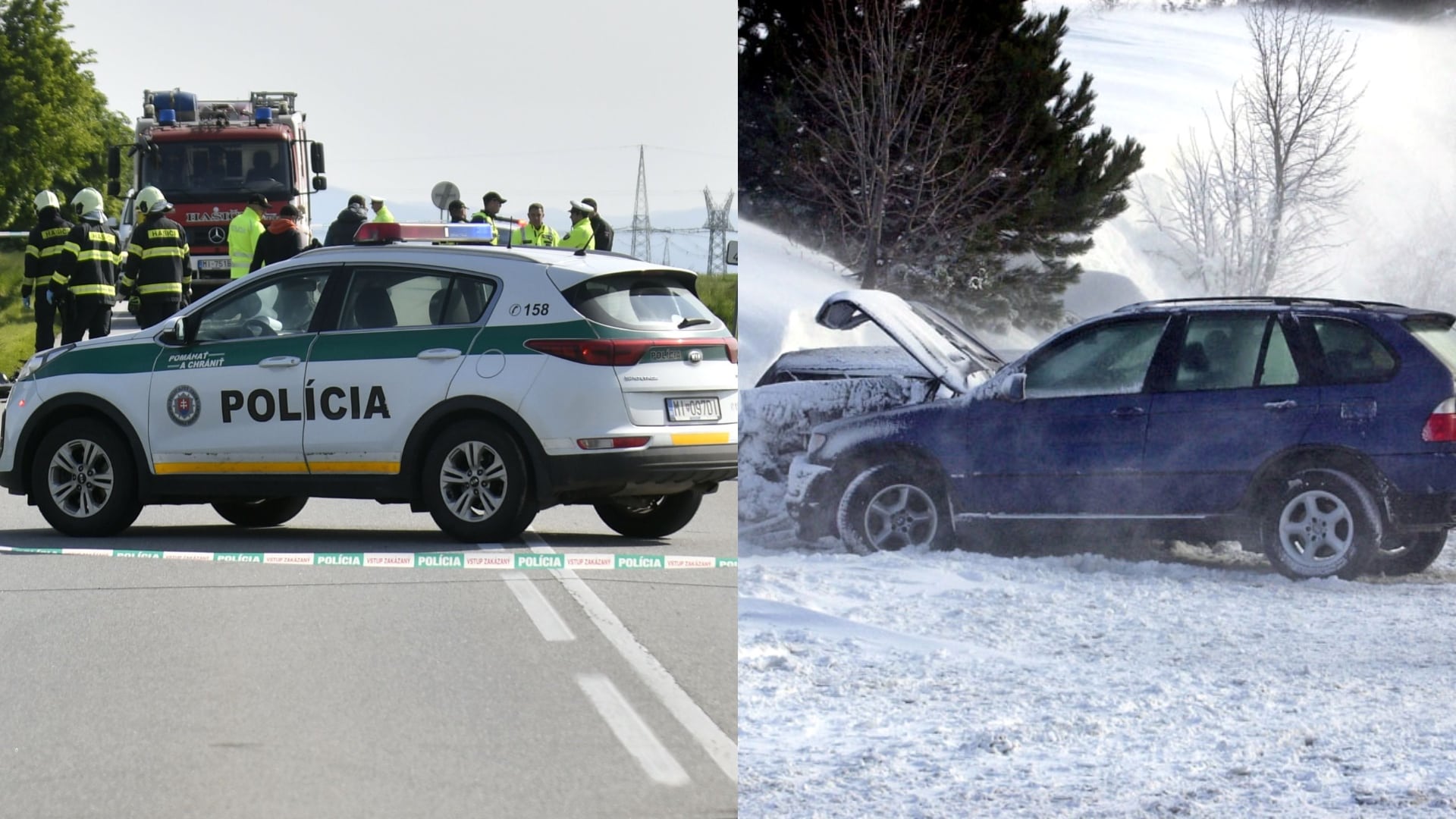 na snímke je policajné auto a anburáné modré vozidlo v snehu