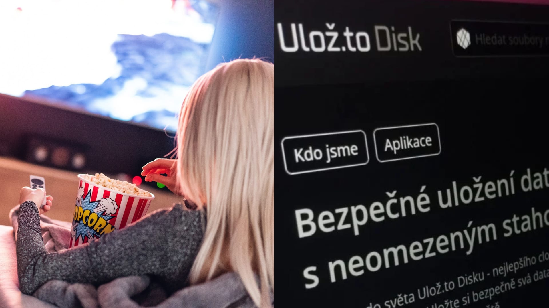 žena s popcornom pozerá televíziu, ulož.to plaftorma