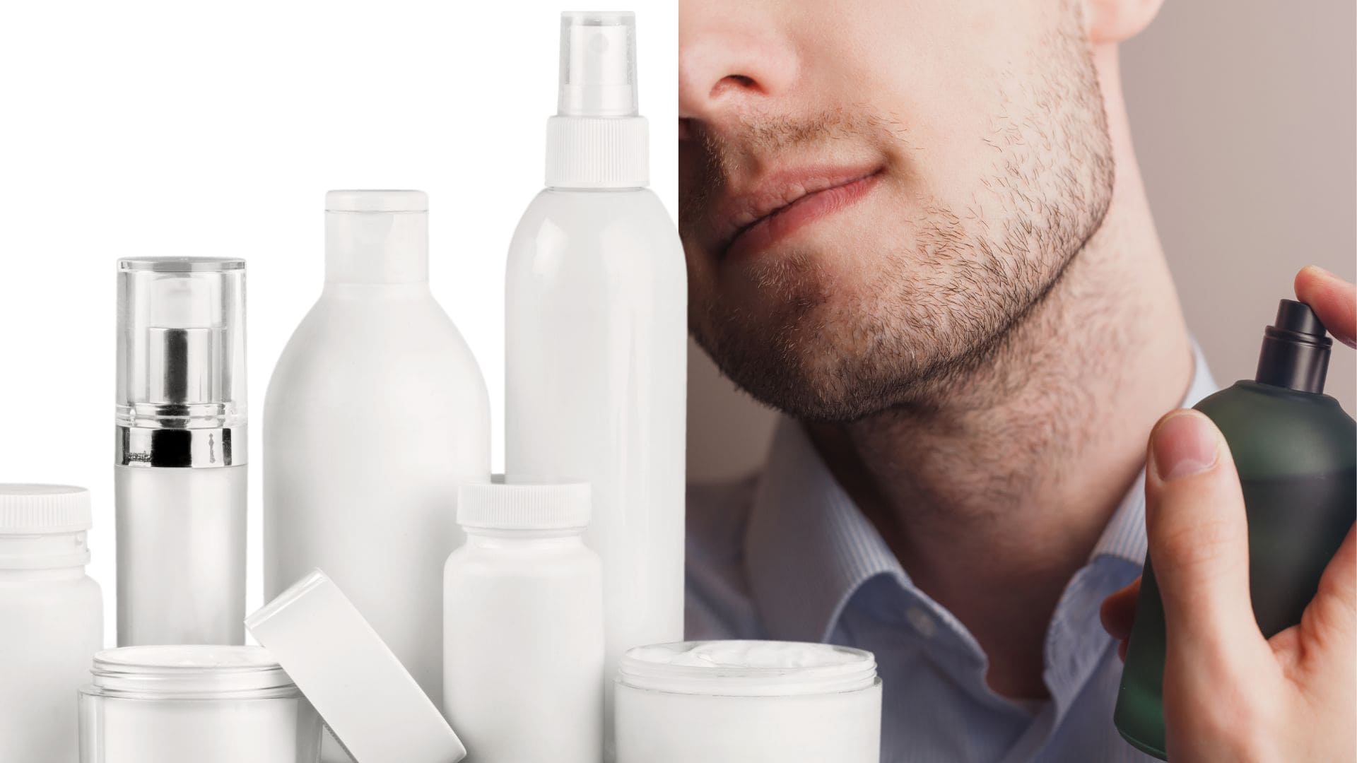 Nebezpečné výrobky, kozmetika, muž si dáva parfum, varovanie