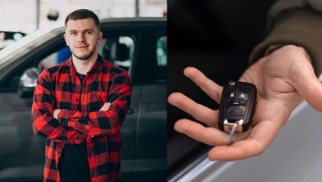 Na snímke je auto s mužom a kľúče od auta
