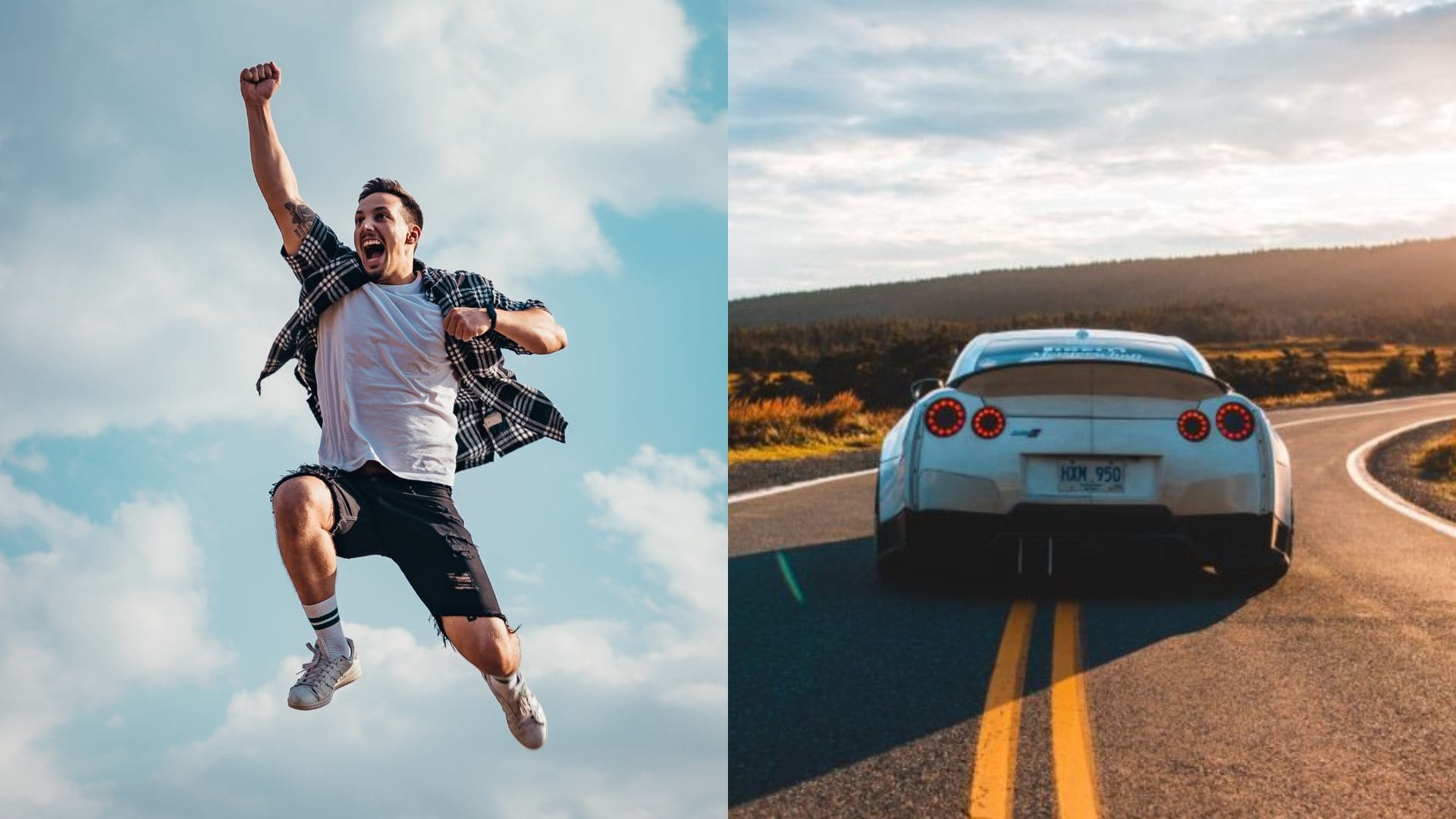 Muž skáče od radosti, auto naceste