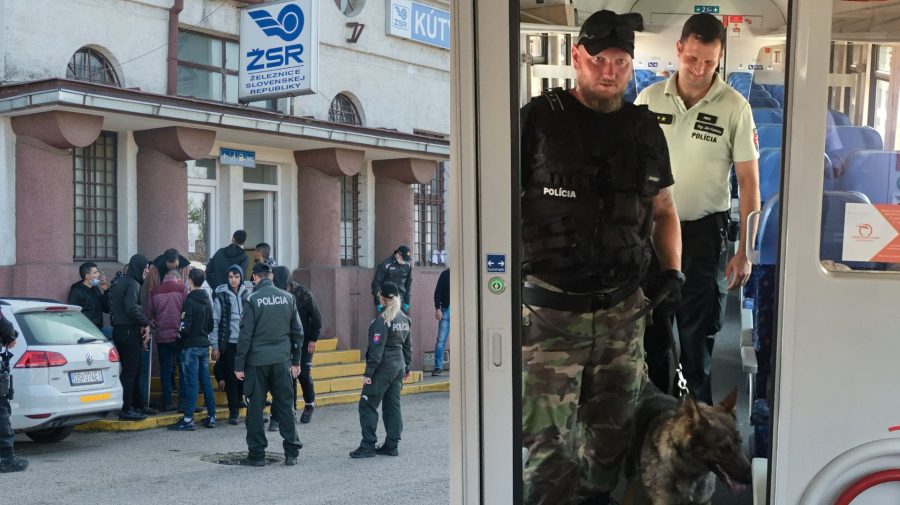 Polícia zasahuje na železničnej stanici a policajti so psom vo vlaku.