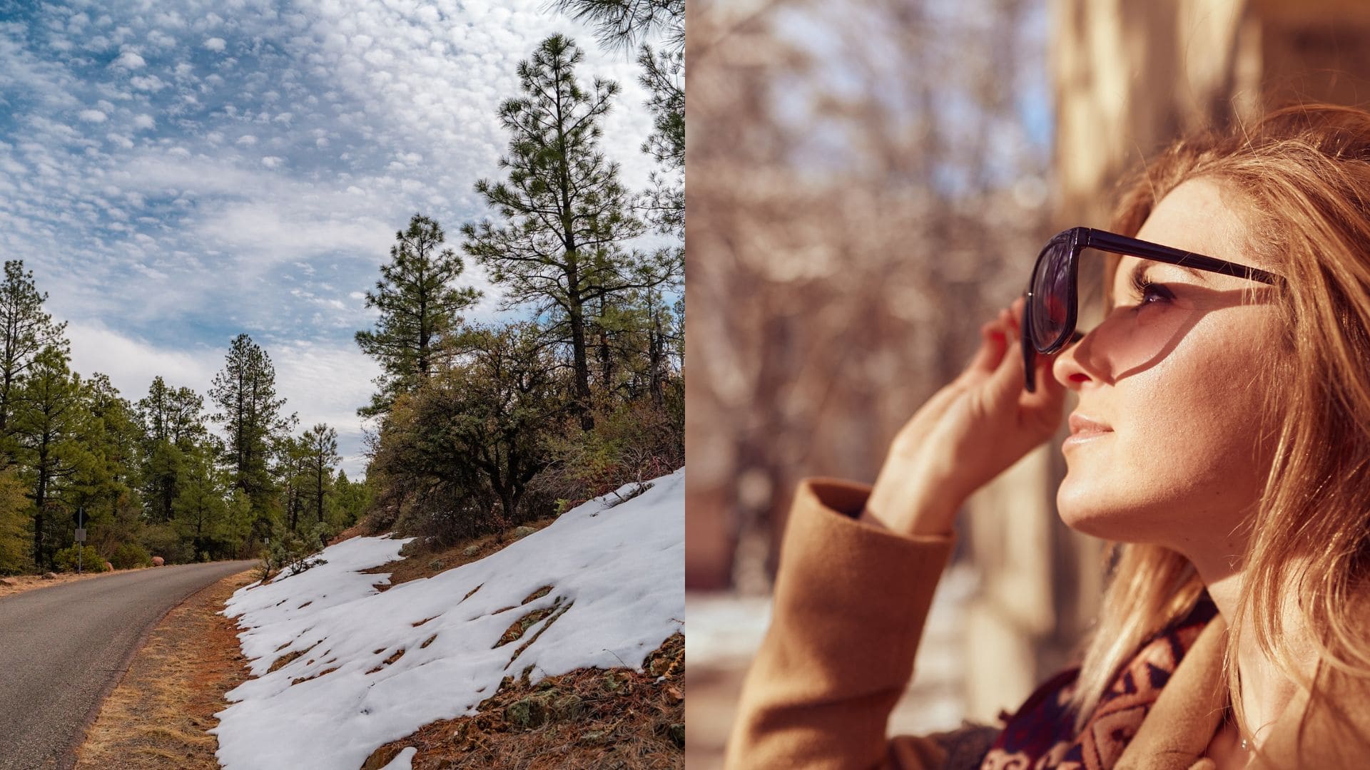 Roztápajúci sa sneh na ceste a žena v okuliaroch hľadí na oblohu.