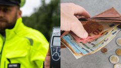 Policajt ukazuje tester na alkohol a peniaze v peňaženke.