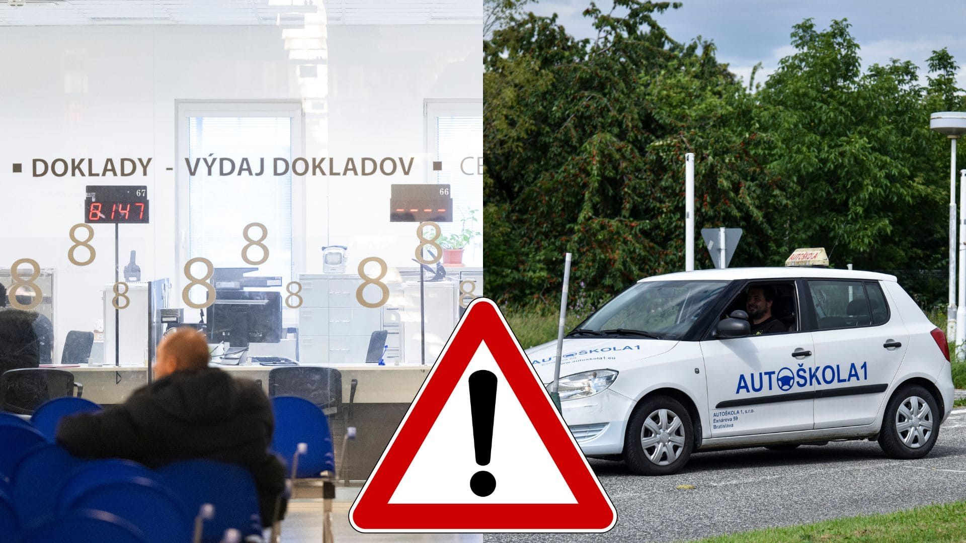 Ľudia čakajú na vydanie dokladov a auto v autoškole.