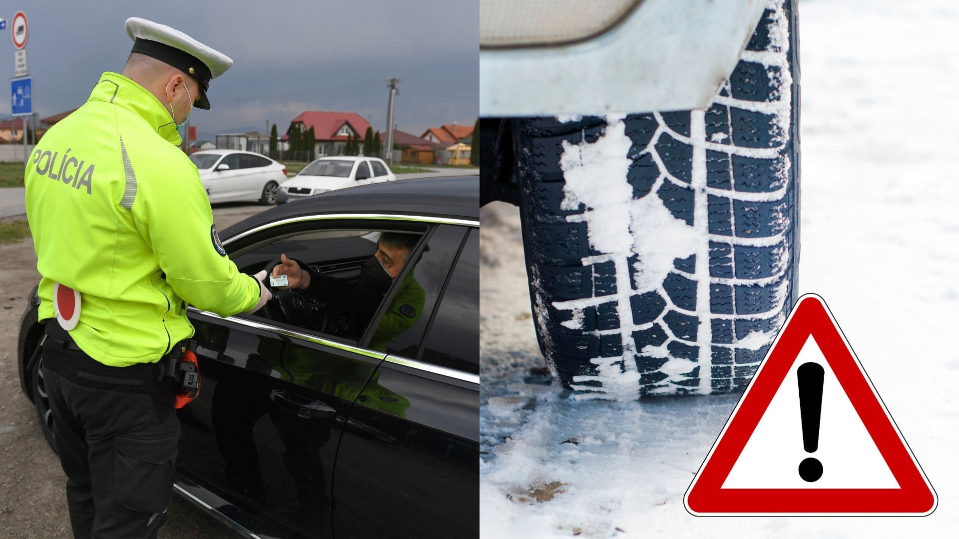 Policajt kontroluje doklady vodiča v aute a pneumatika, na ktorej je sneh.