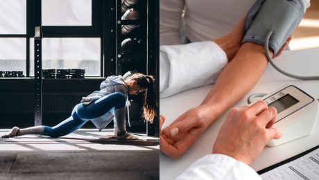 Žena robí rozcvičku na zemi a meranie tlaku.