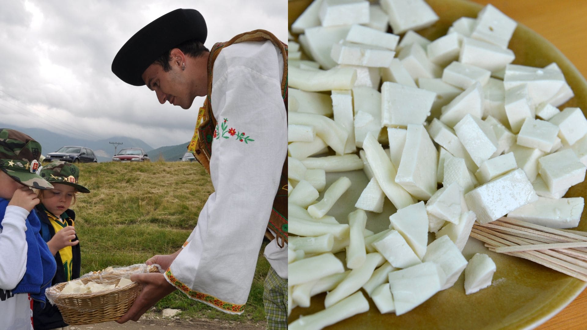 Muž v kroji podáva syr dvom chlapcom a syr na miske.