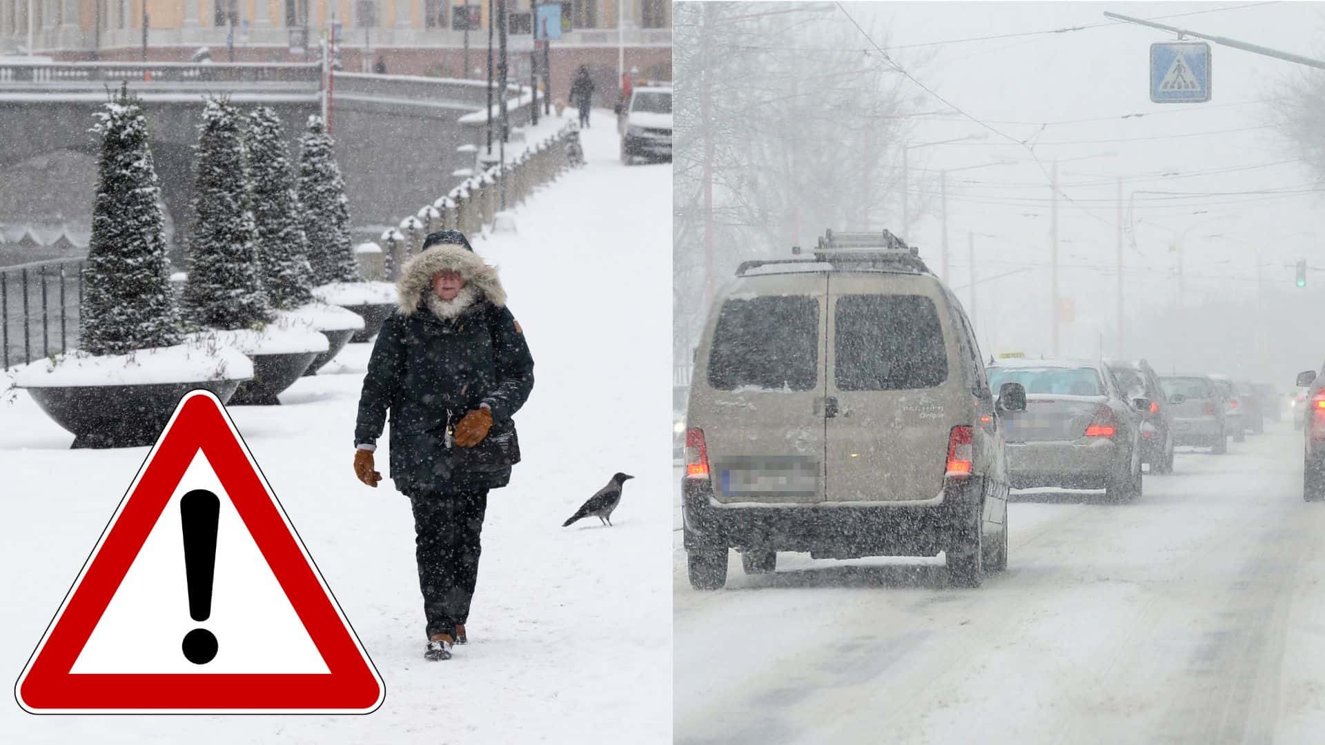 Žena kráča po zasneženom moste a autá počas sneženia na ceste.