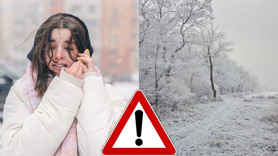 Dievča s telefónom pri uchu v zime a zamrznutá krajina.