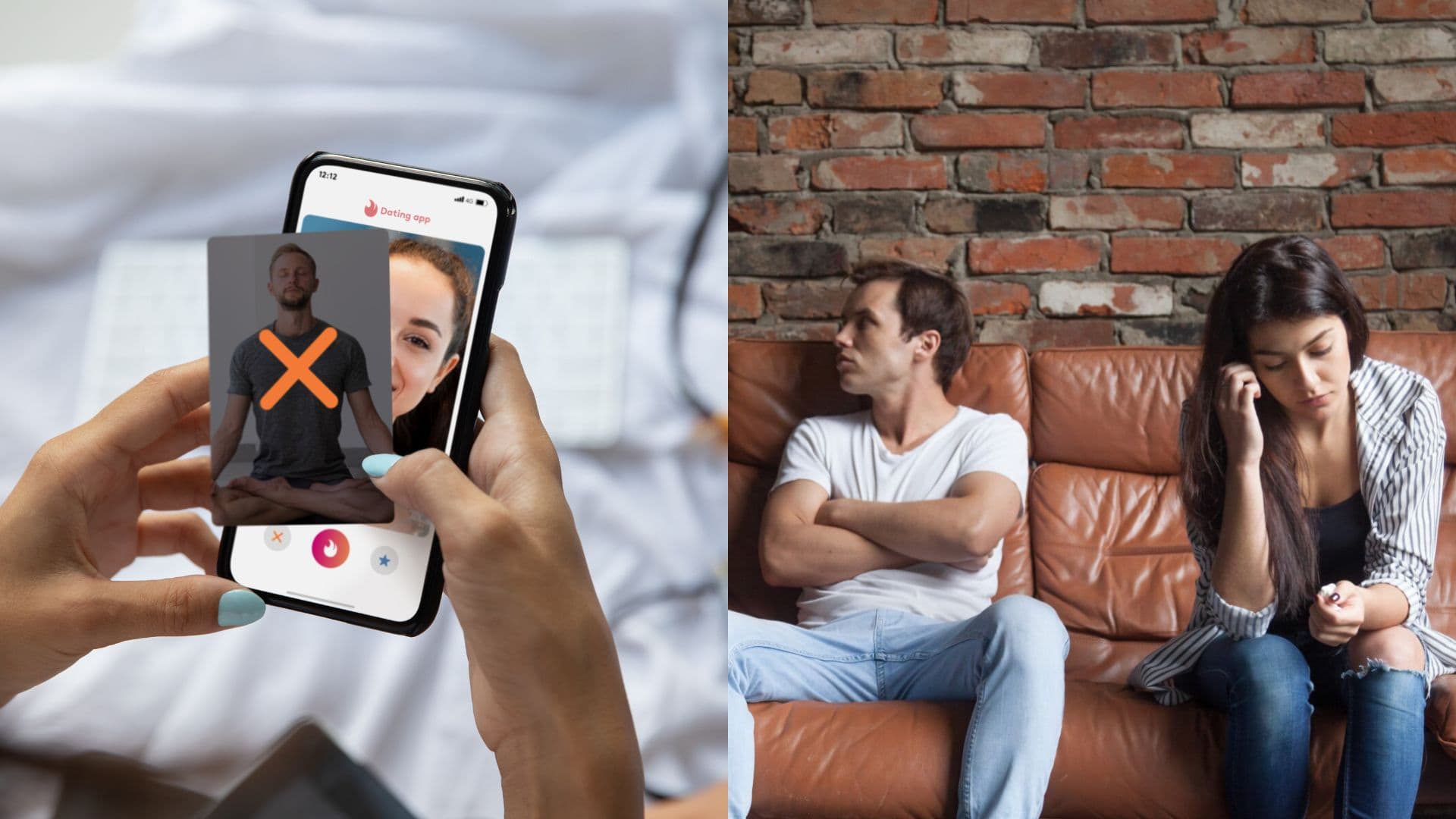 Zoznamka na mobile a mladý pár, ktorý sedí na gauči.