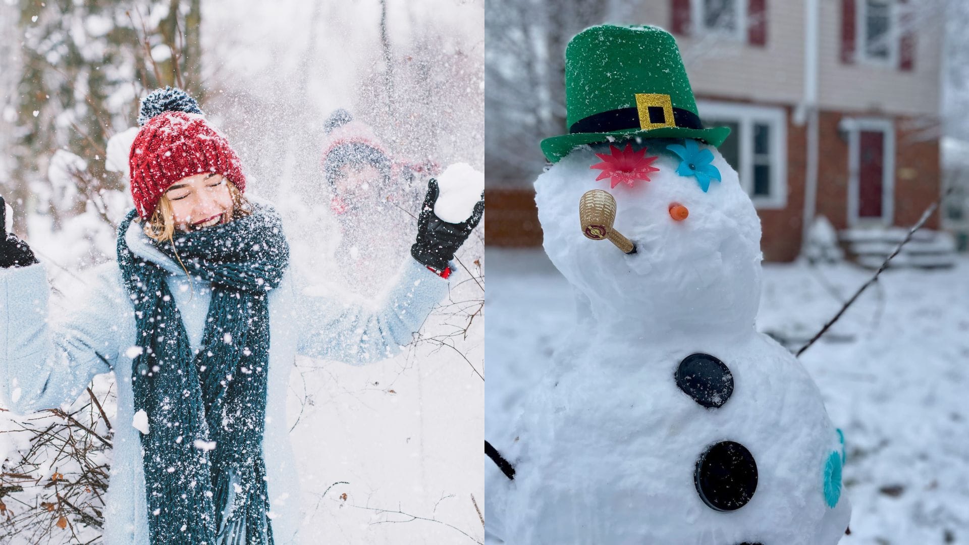 Žena v snehu a snehuliak.