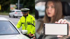 Policajt kontroluje vodičku a dievča v aute ukazuje mobil.