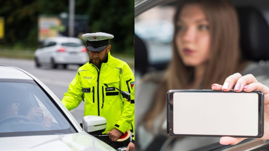 Policajt kontroluje vodičku a dievča v aute ukazuje mobil.