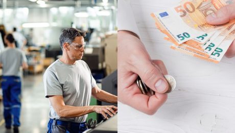 Pracovník pracuje za strojom a ruky s peniazmi.