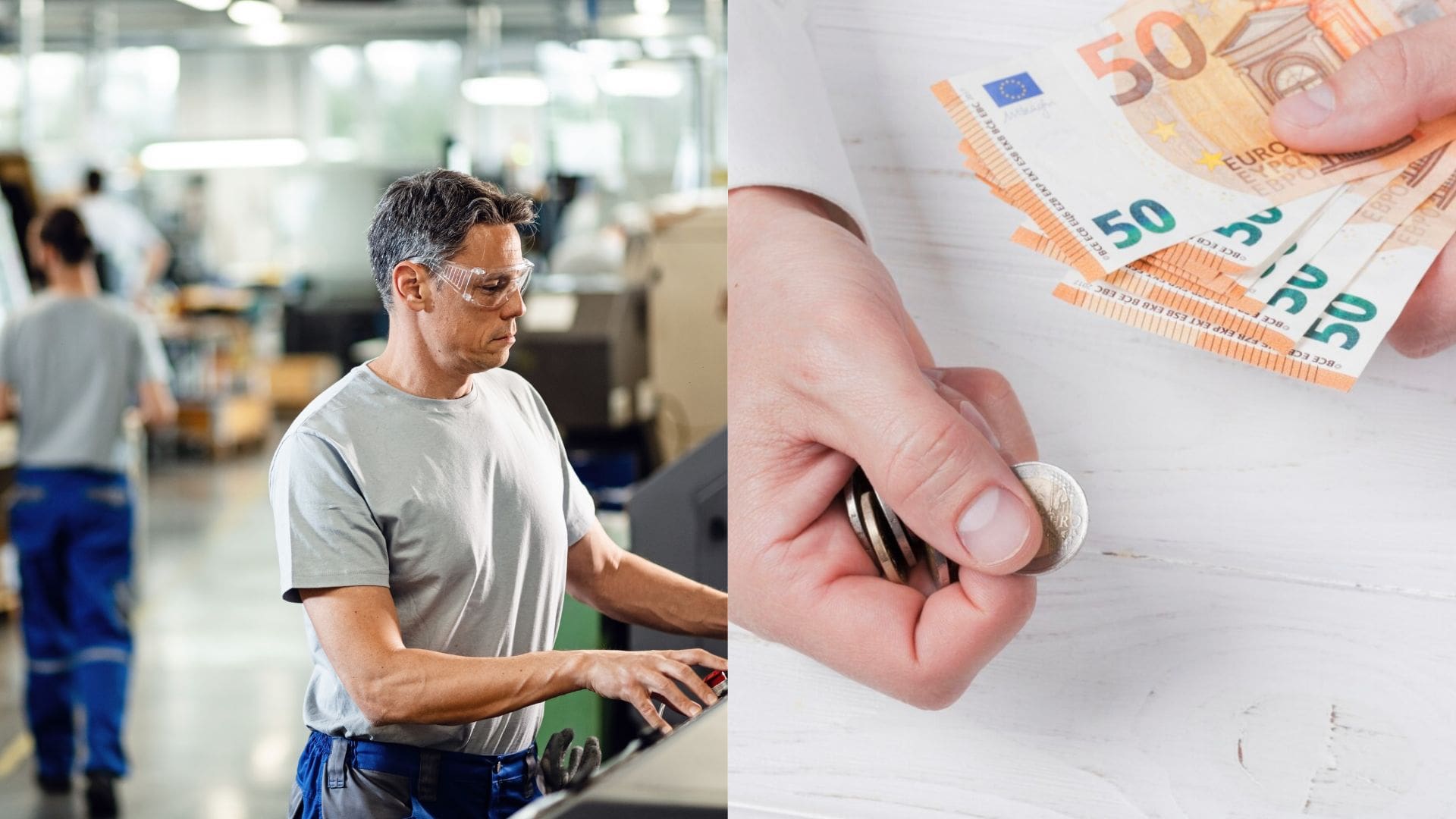 Pracovník pracuje za strojom a ruky s peniazmi.