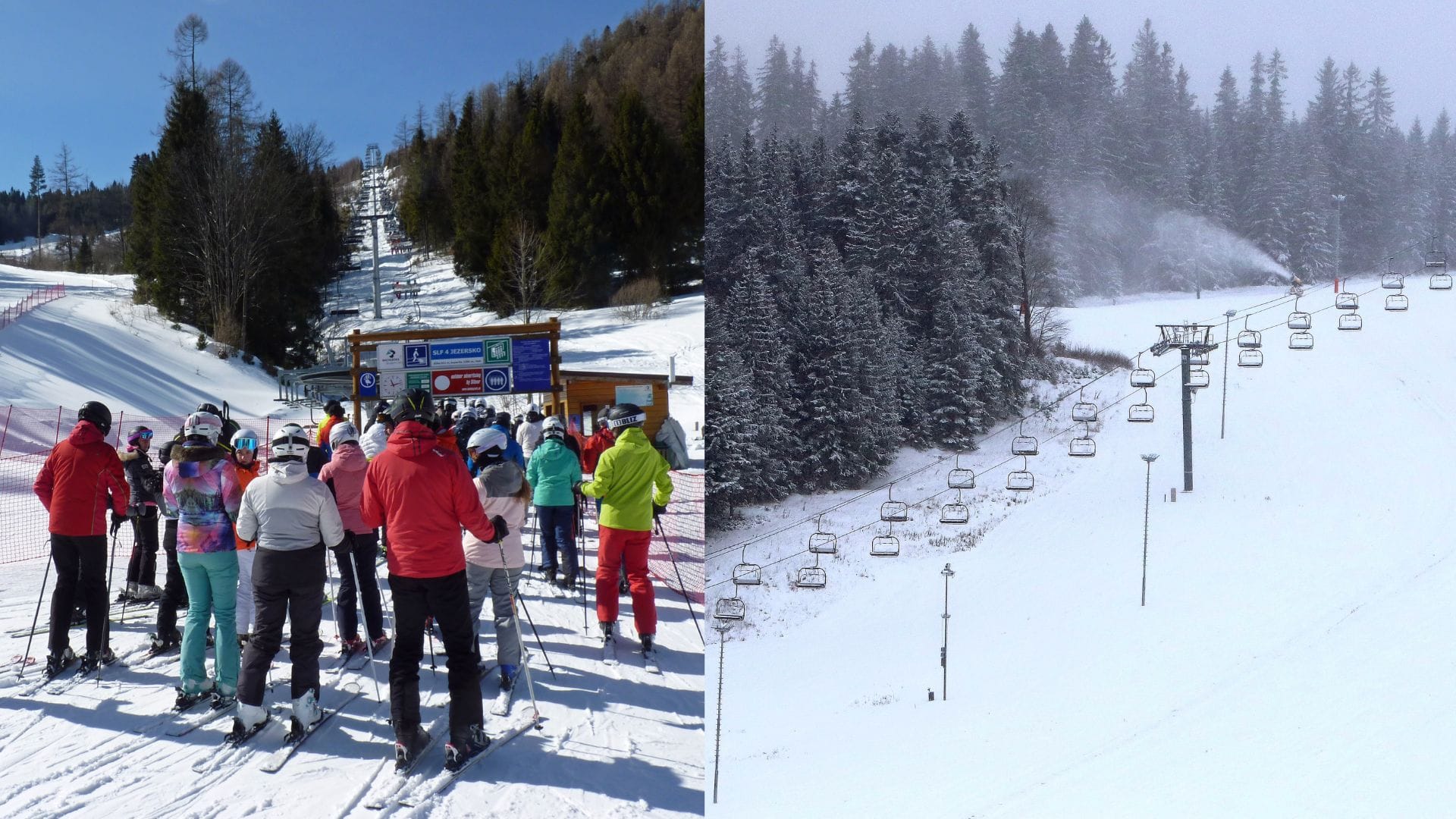 Lyžiari v rade a zasnežovanie zjazdovky.