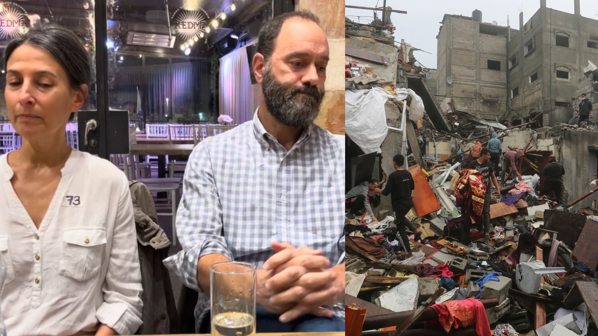 Naľavo Rachel a Jon, Napravo obyvatelia Gazy v troskách domu