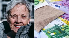 Na snímke je usmiatá dôchodkyňa a euro bankovky