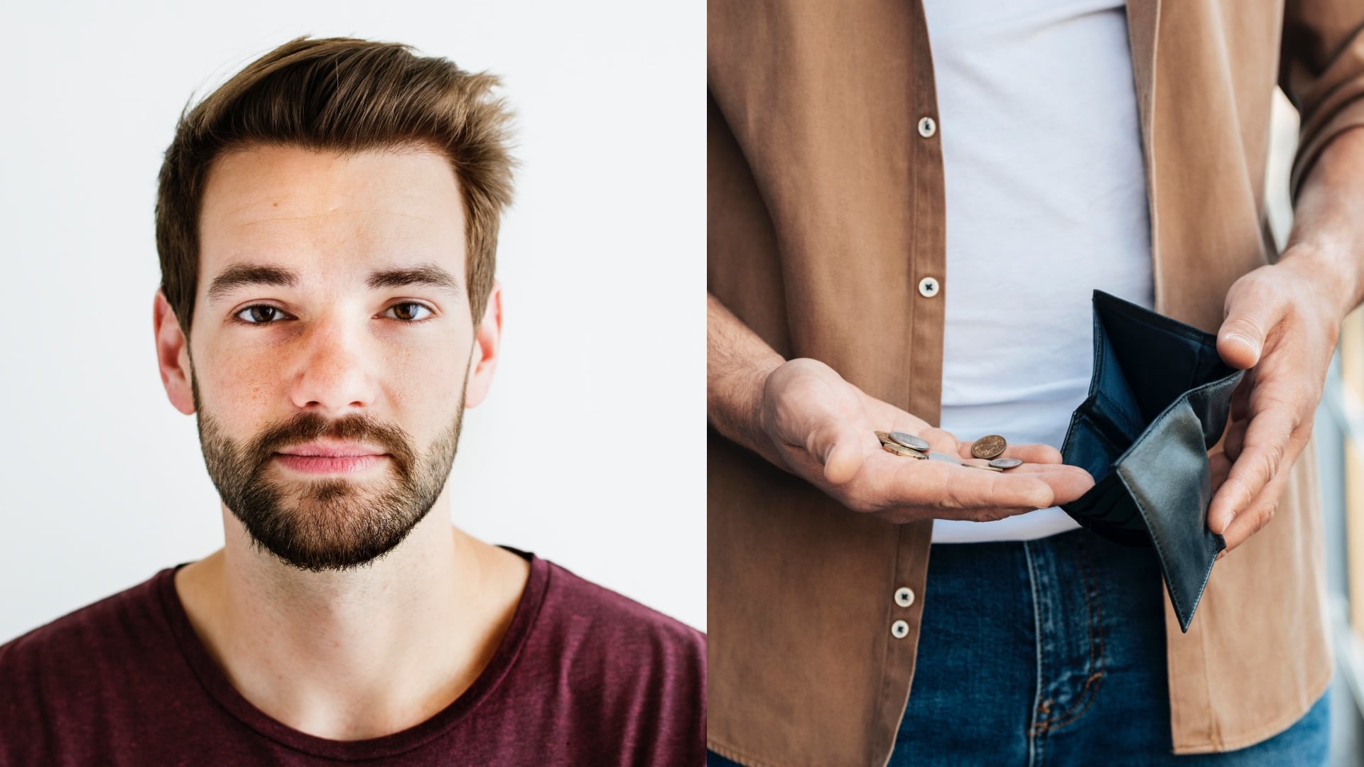 na nsímke je portrét mladého muža a ruka muža, ktorý vyberá peniaze z peňaženky