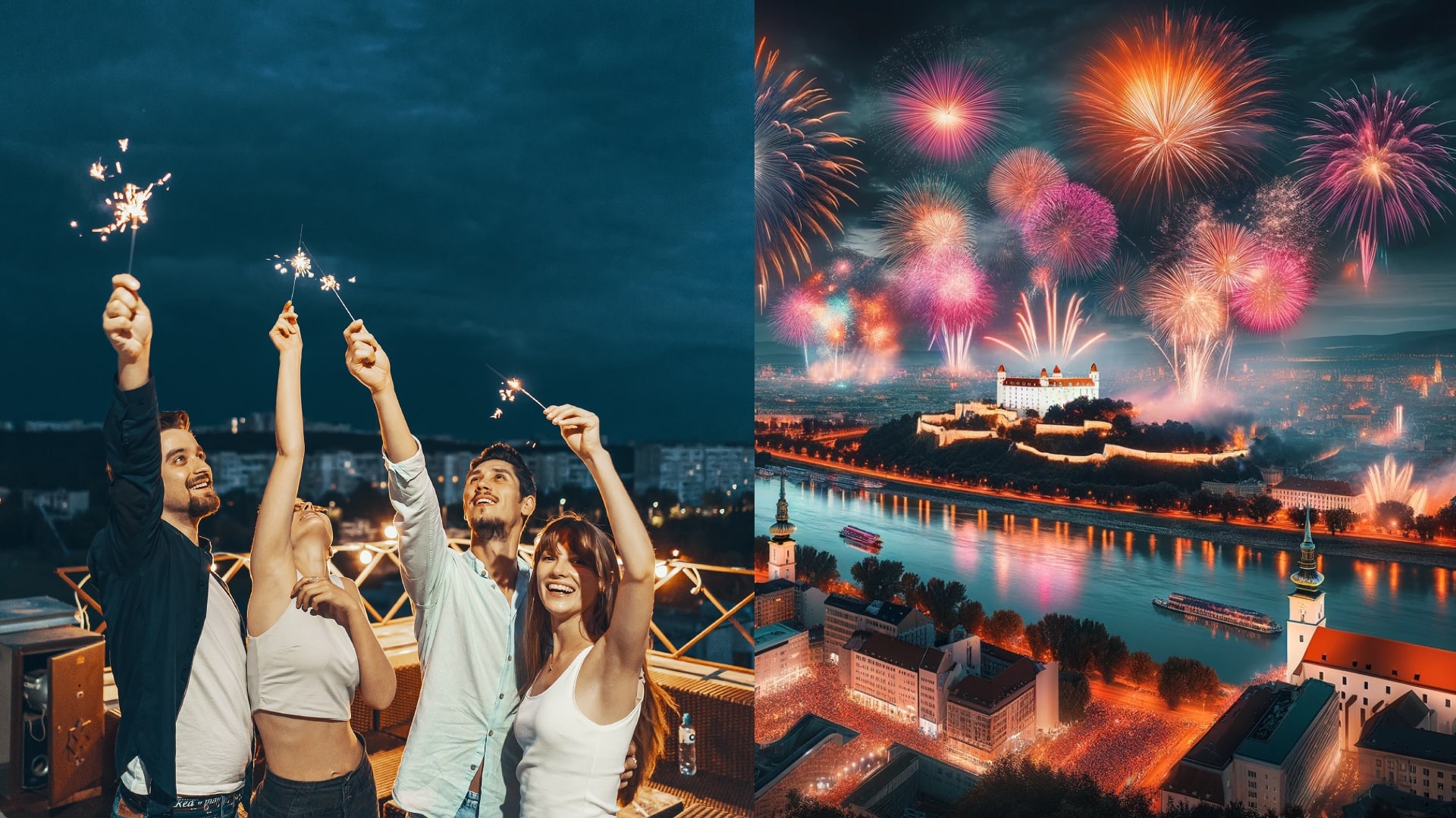 ľudia, ktorí oslavujú Nový rok a Bratislava