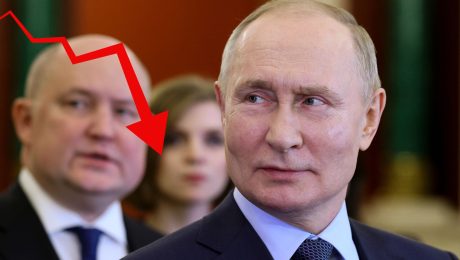 Vladimir Putin hľadí na šípku, krachujúca ruská ekonomika