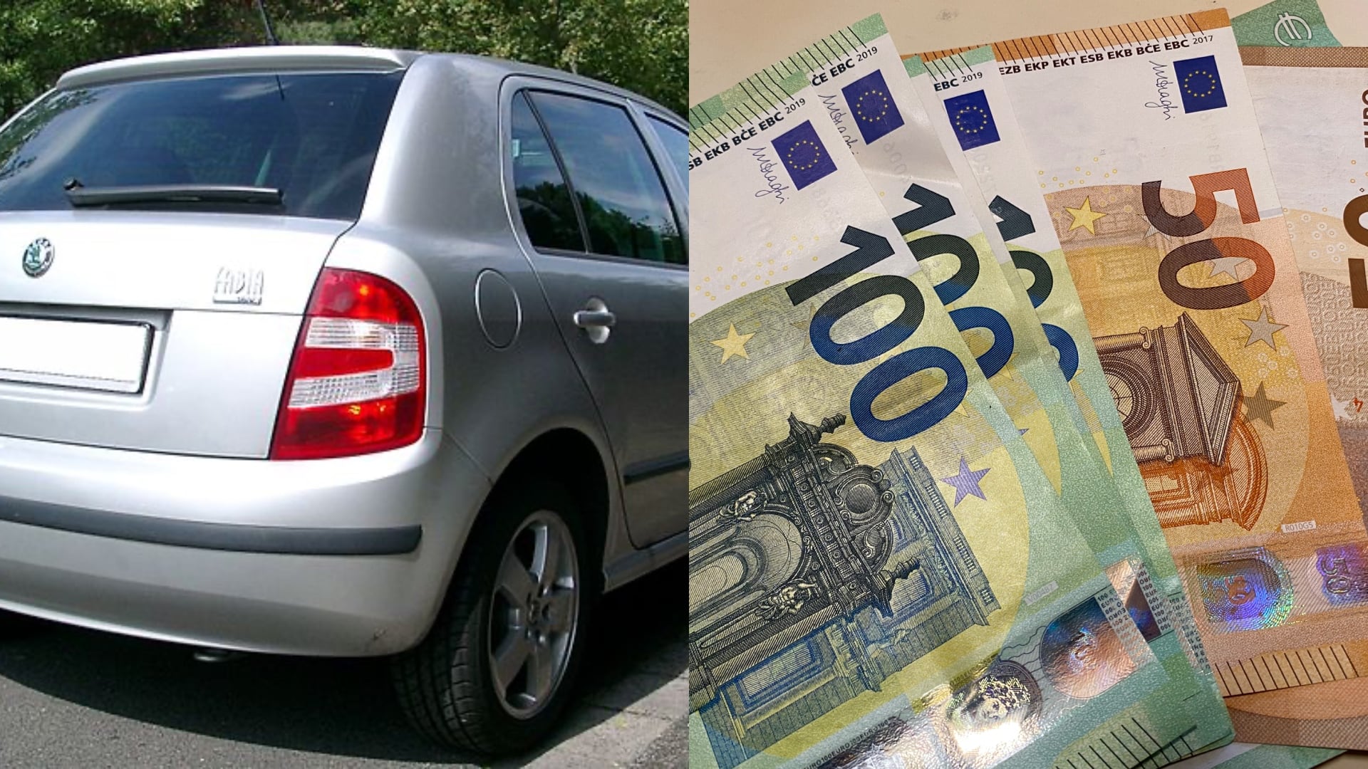 na snímke je staré auto a peniaze