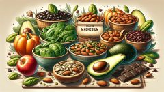 DALL·E potraviny ktoré sú zdrojom horčíka, avokádo orechy, čokoláda, strukoviny