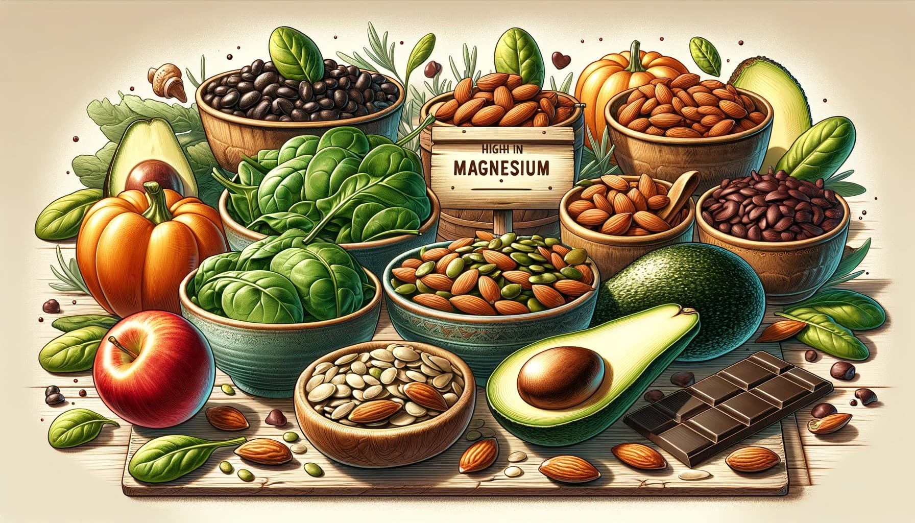 DALL·E potraviny ktoré sú zdrojom horčíka, avokádo orechy, čokoláda, strukoviny