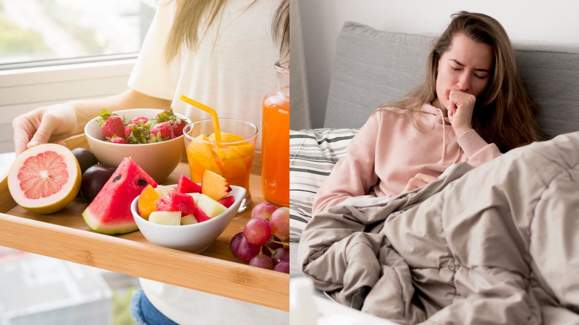Ovocie na tácke a žena zabalená v deke, ktorá kašle.