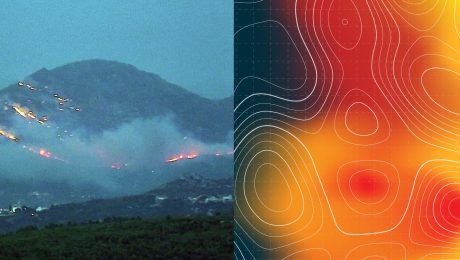 Lesný požiar a mapa horúčavy.