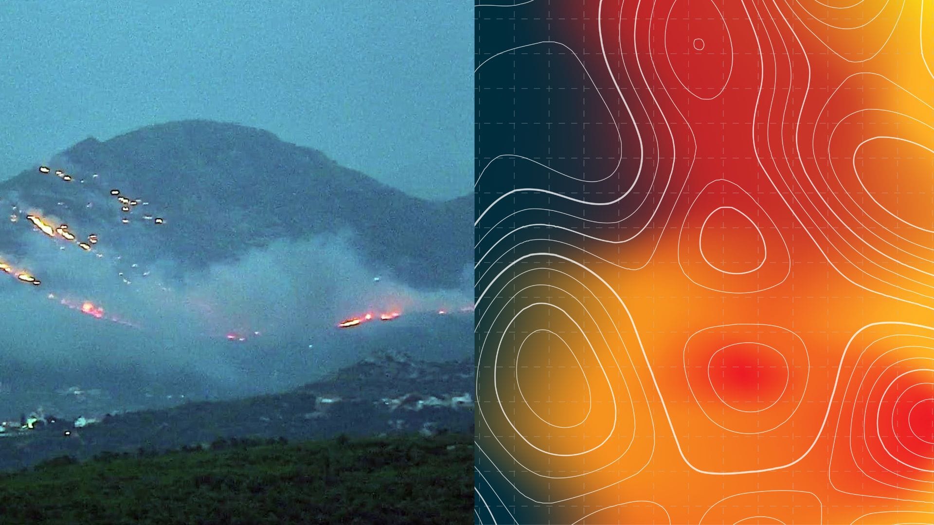 Lesný požiar a mapa horúčavy.