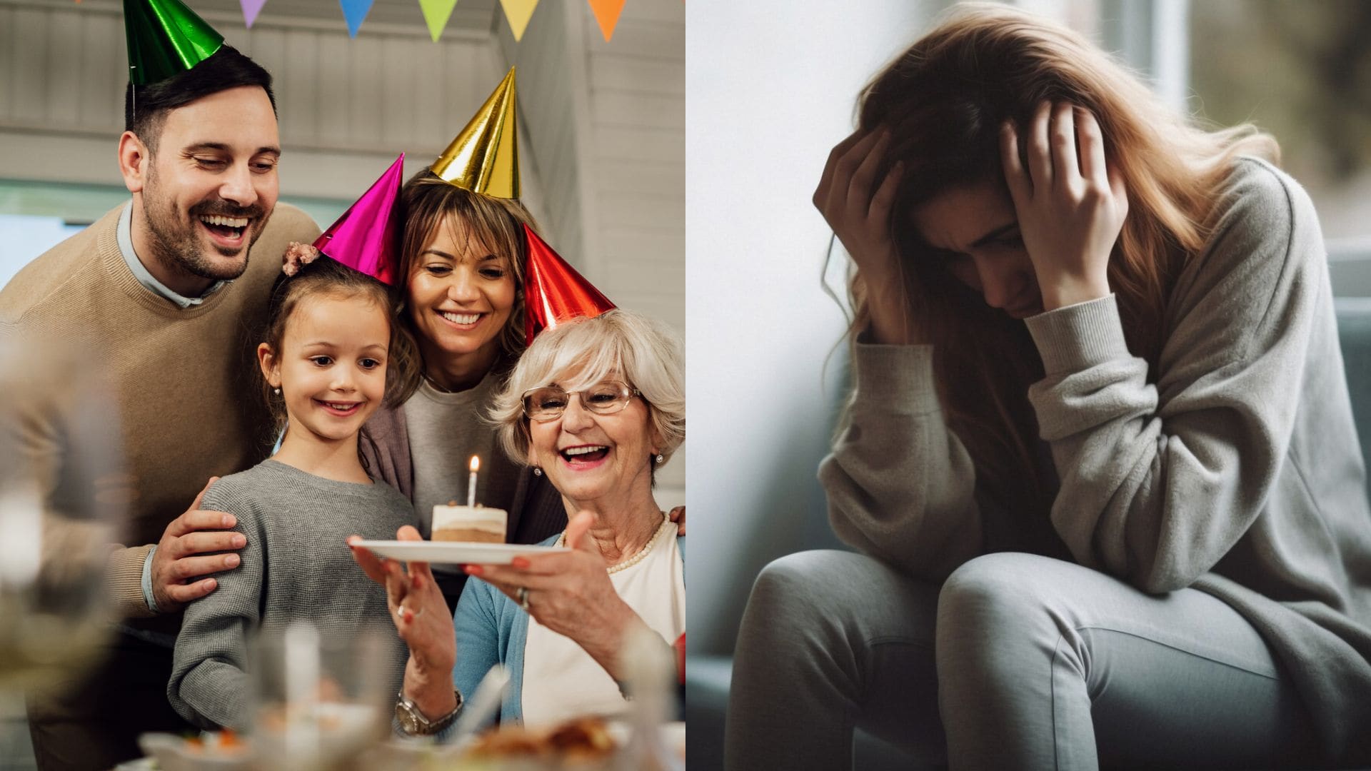Rodinná oslava a žena, která si rukami podopiera hlavu.