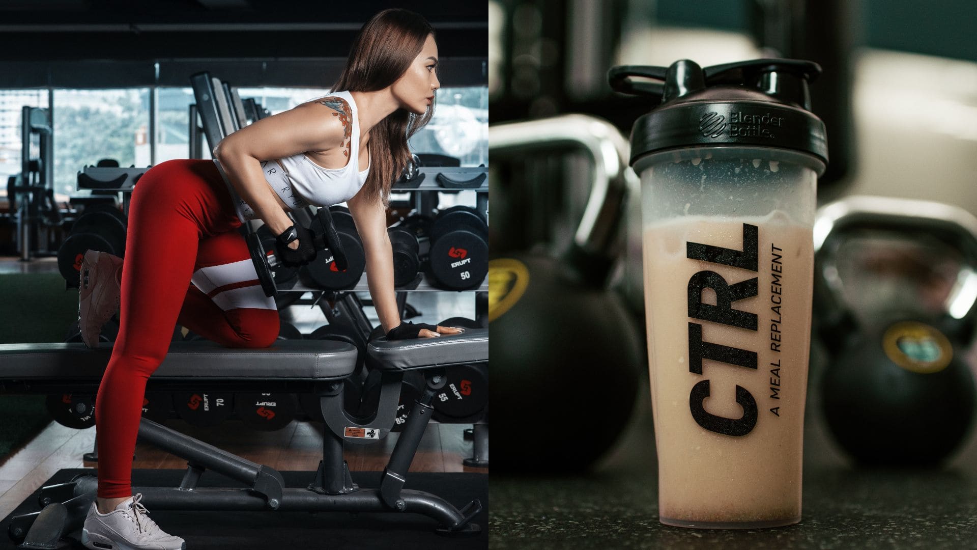 Trenujuca žena a proteinový shake