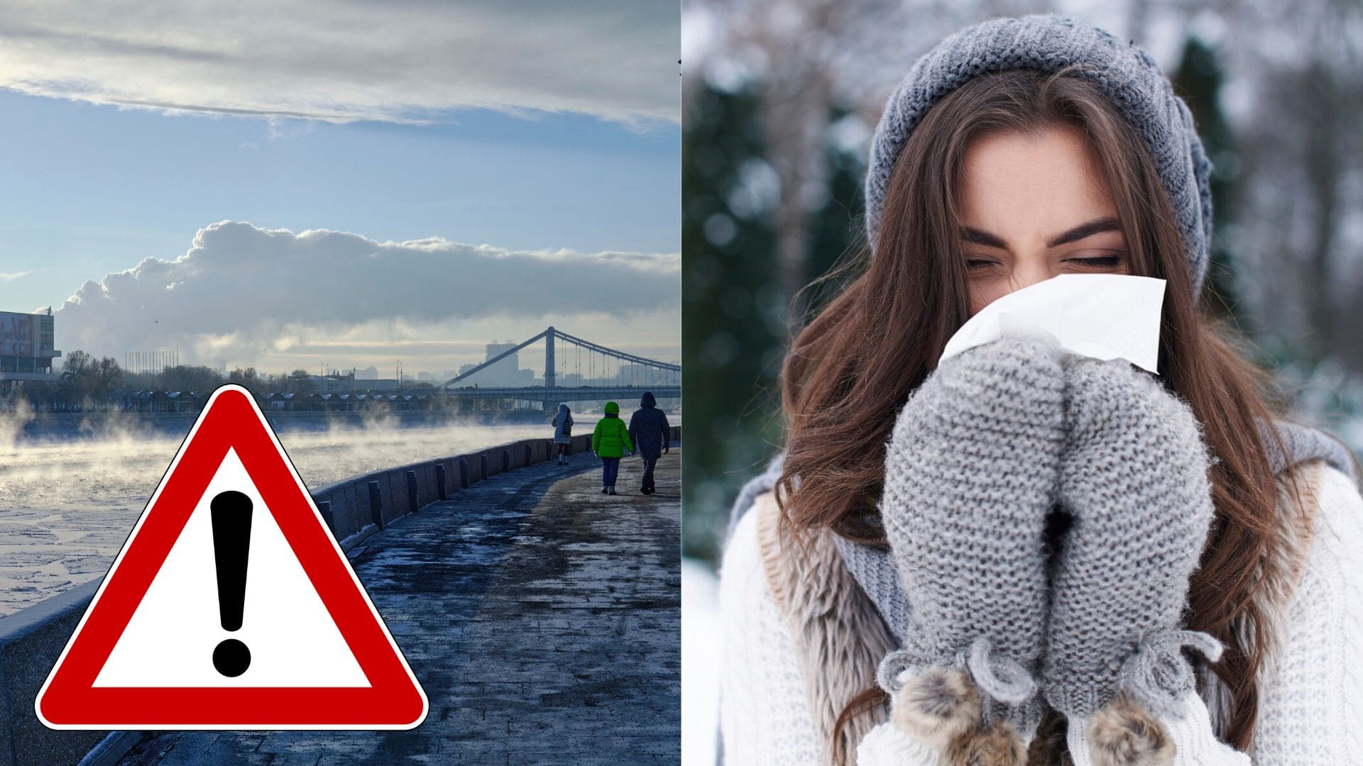 Zamrznutá krajina a žena si rukami, na ktorých má rukavice, zakrýva tvár.