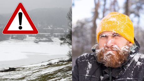 Zamrznutá a zasnežená krajina a muž, ktorého tvár je pokrytá snehom.
