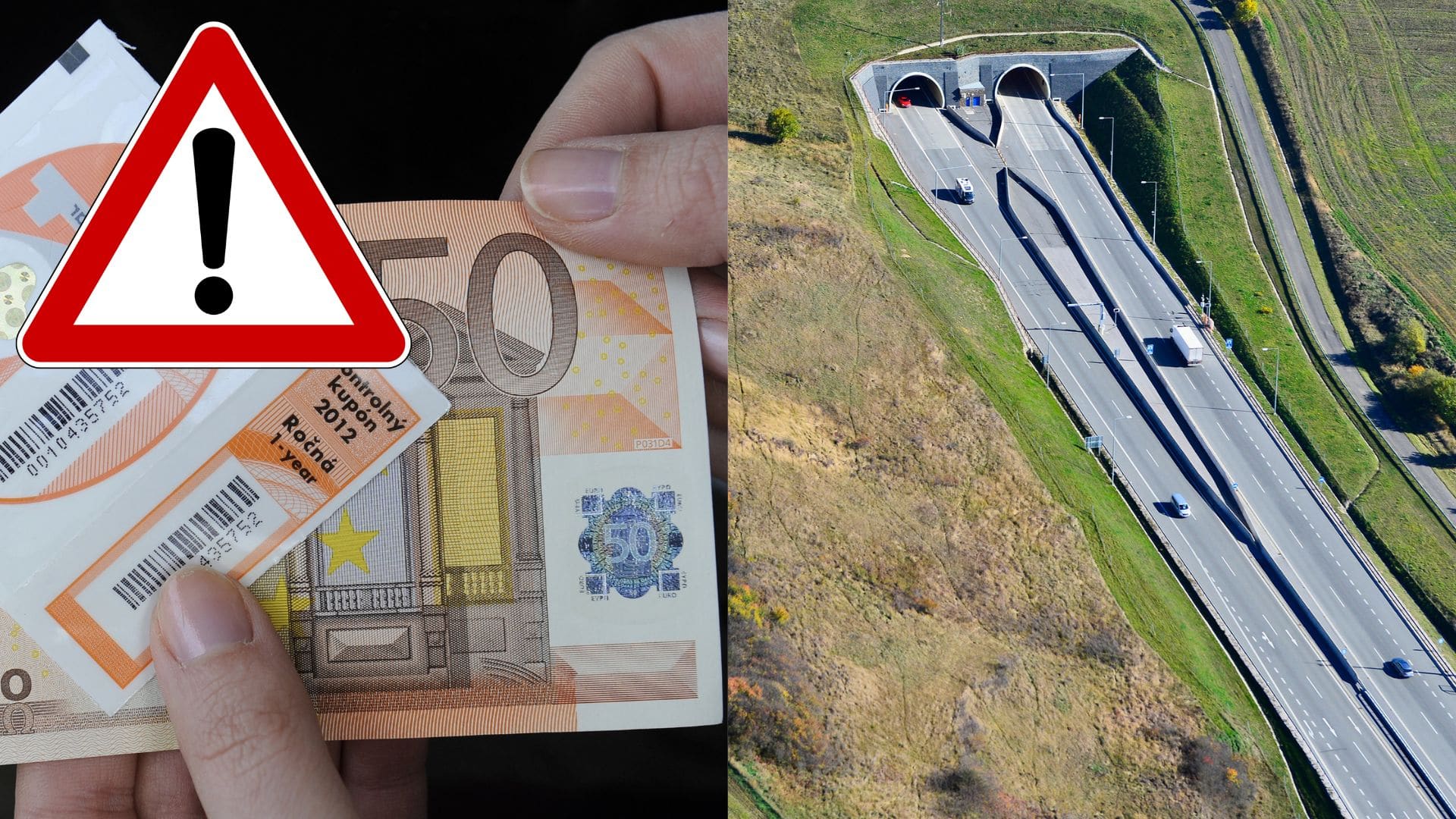 Diaľničná známka v ruke s bankovkou a diaľnica.