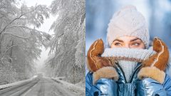 Zasnežená cesta a žena si dáva tvár pod rolák v zime.