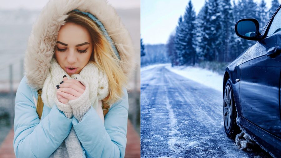 Žena si ohrieva ruky v zime a zamrznutá cesta.