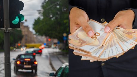 Autá na ceste a mužské ruky držia päťdesiateurové bankovky.