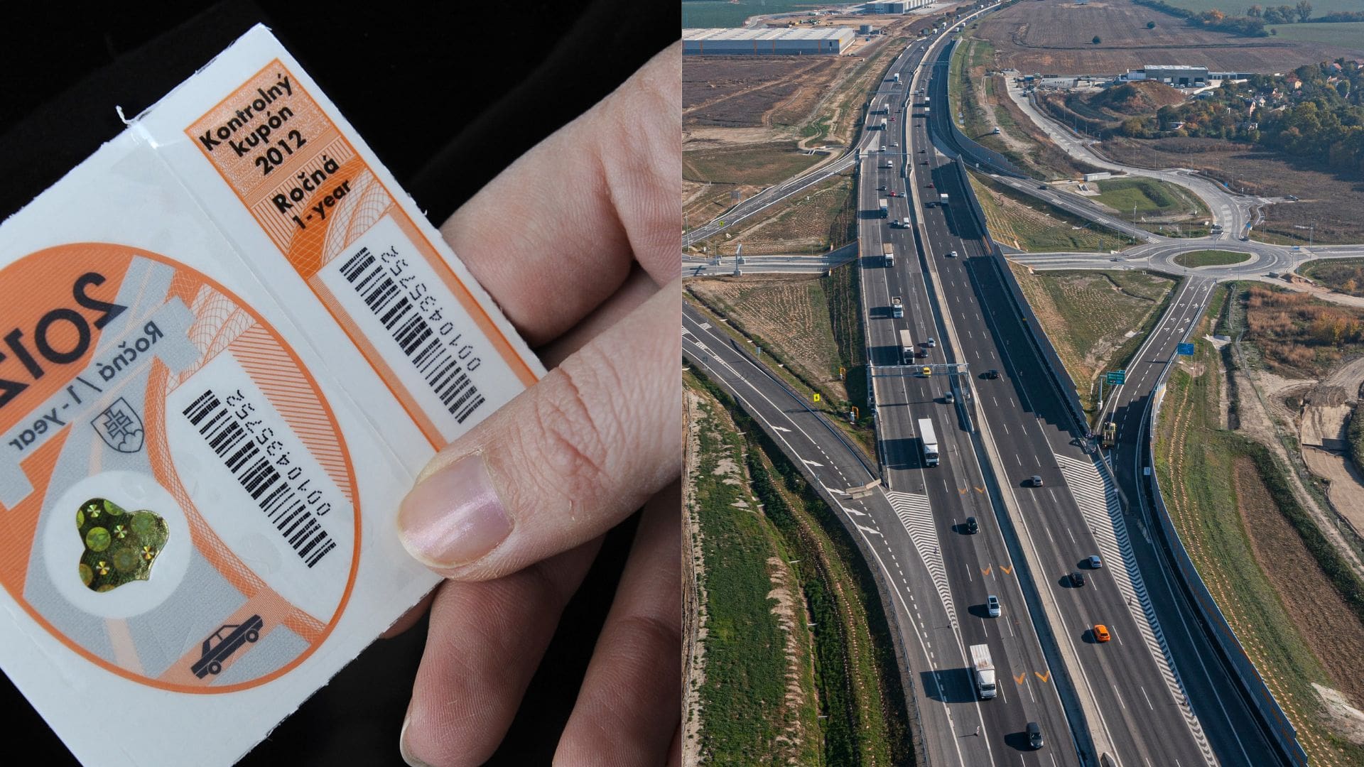 Diaľničná známka a pohľad na diaľnicu.