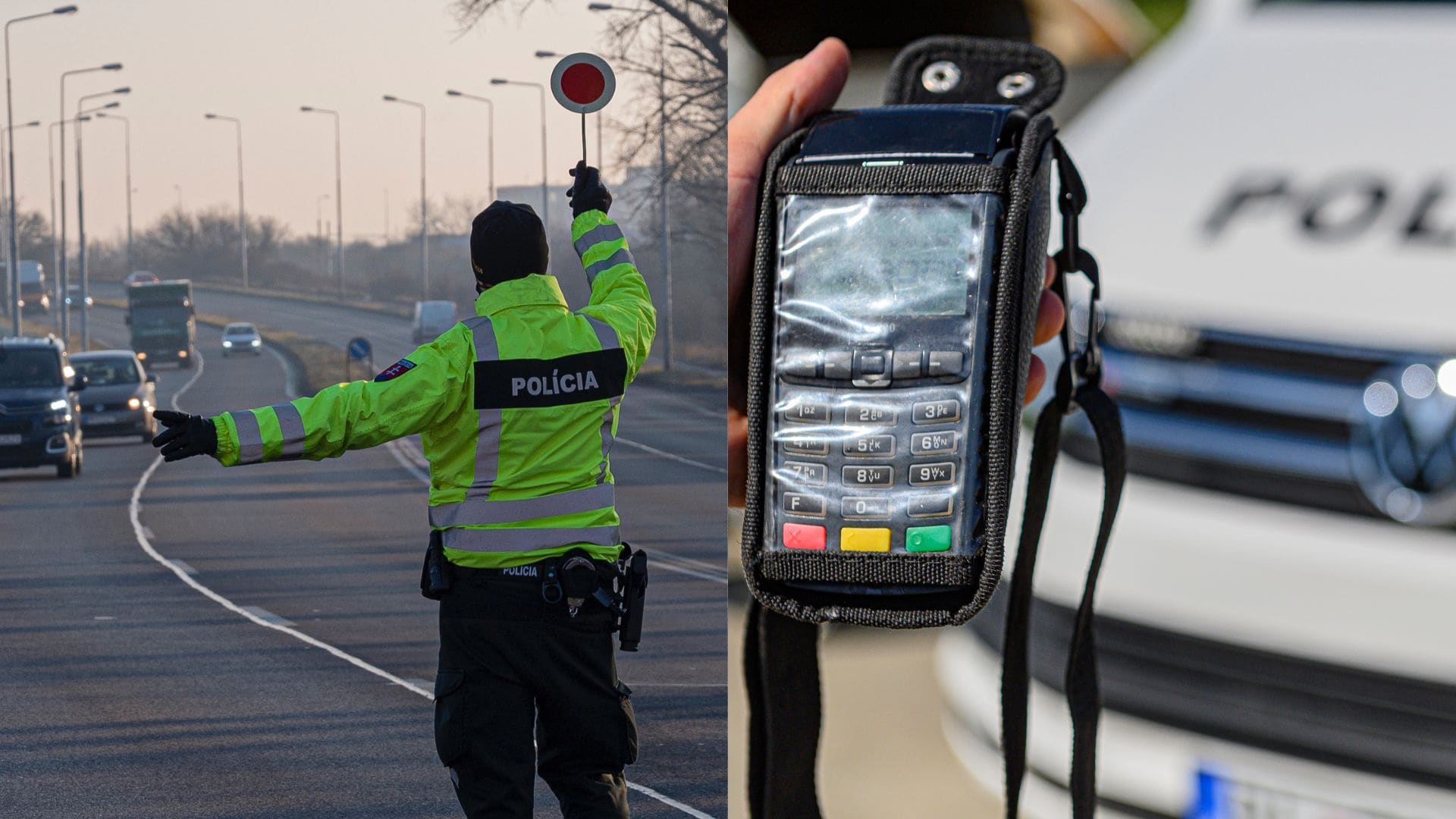 Policajt zastavuje autá a platobný terminál.