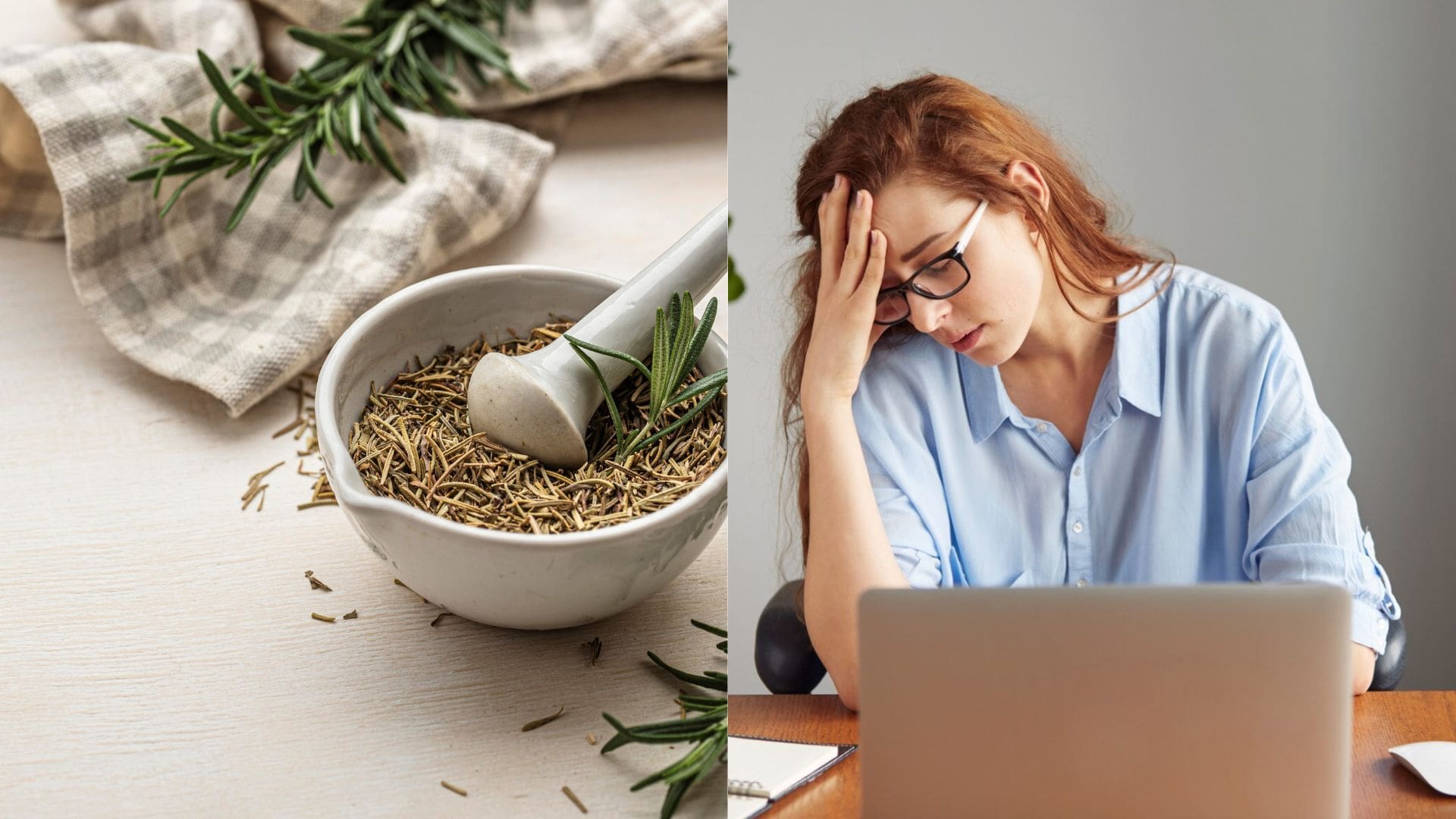 Rozmarín a žena za počítačom si podopiera hlavu rukou.