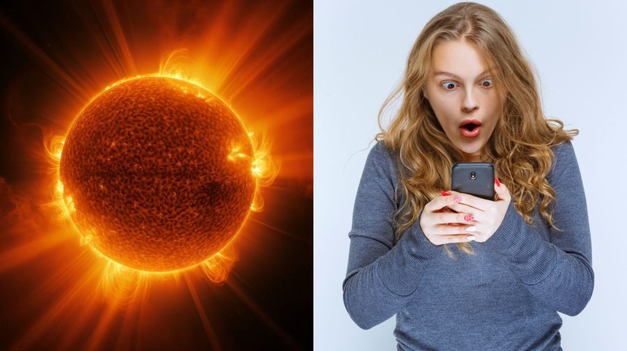 Slnečná erupcia a žena s mobilom v ruke a prekvapeným výrazom v tvári.