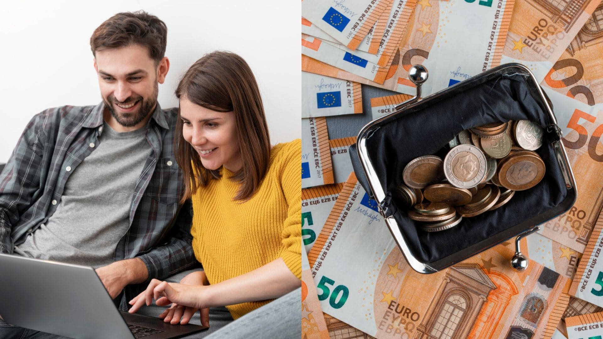 Žena s mužom pozerajú do notebooku a peniaze.