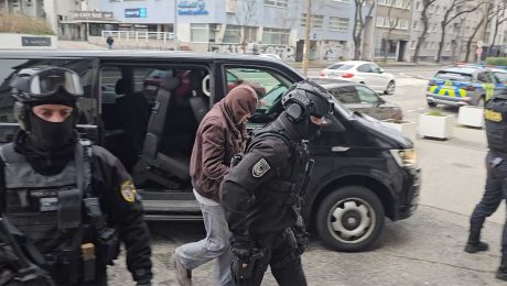 Hanúska vedú do budovy súdu samopalmi ozbrojení policajti