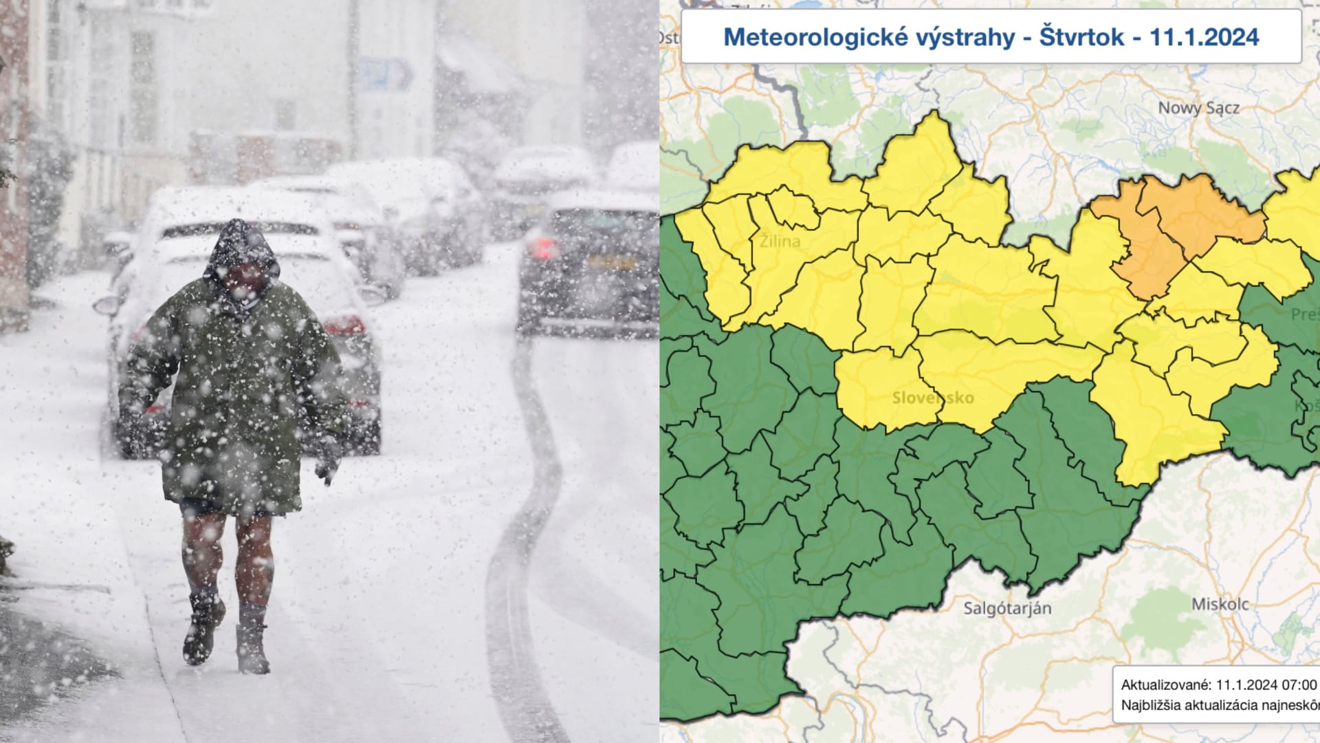 Na snímke muž kráča počas snehovej nádielky