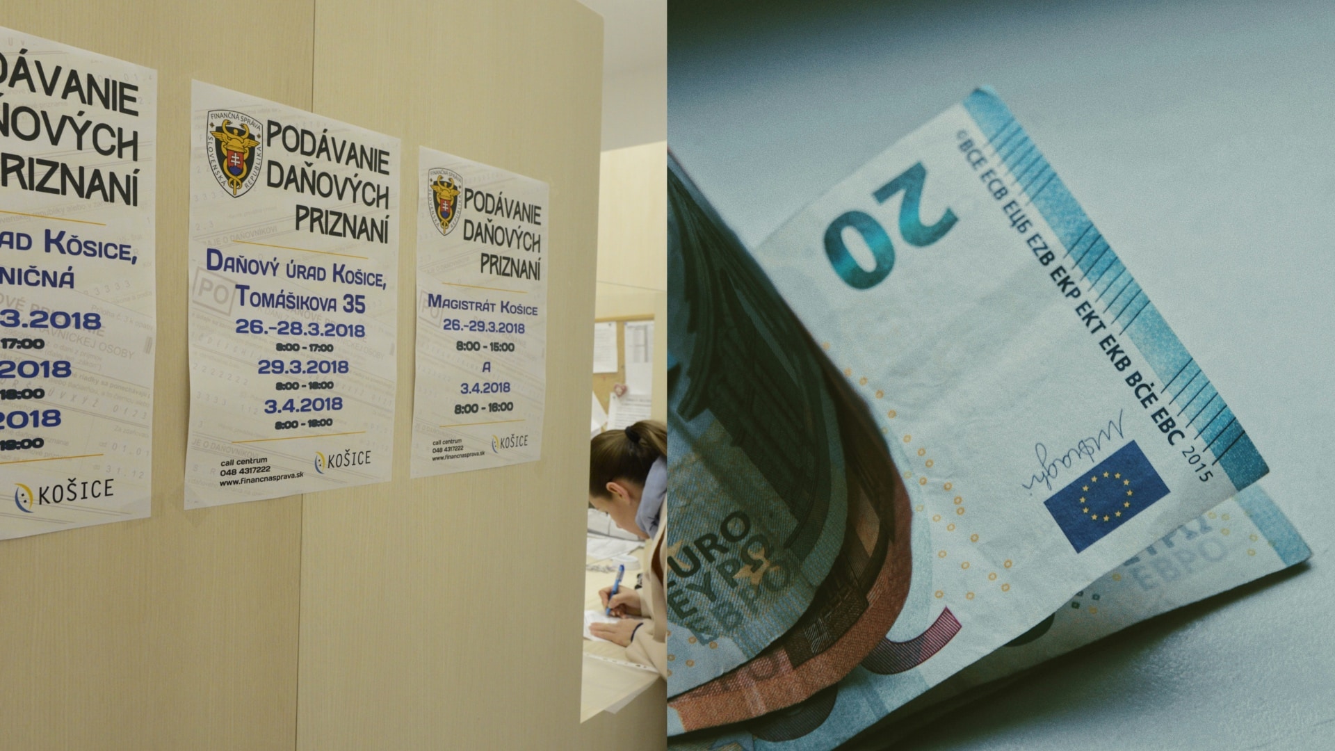 Na snímke je daňový úrad a bankovky.