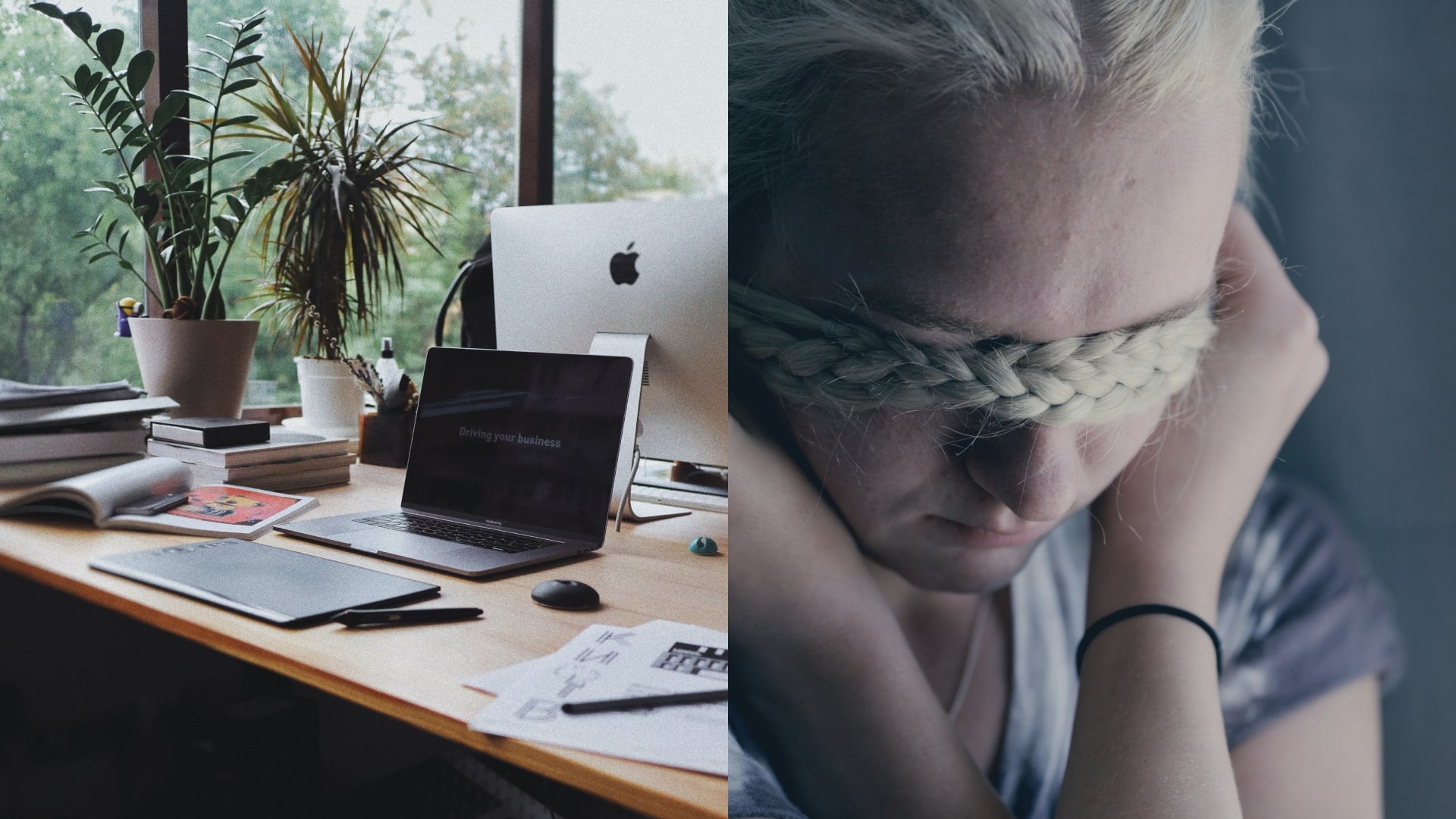 počítač na stole, žena so zakrytými očami